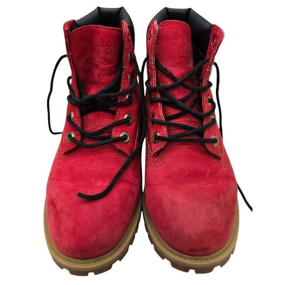 Timberland Red Nubuck Lace-Up Boots Size 5 With Black Collar & Rubber Sole - Picture 1 of 8